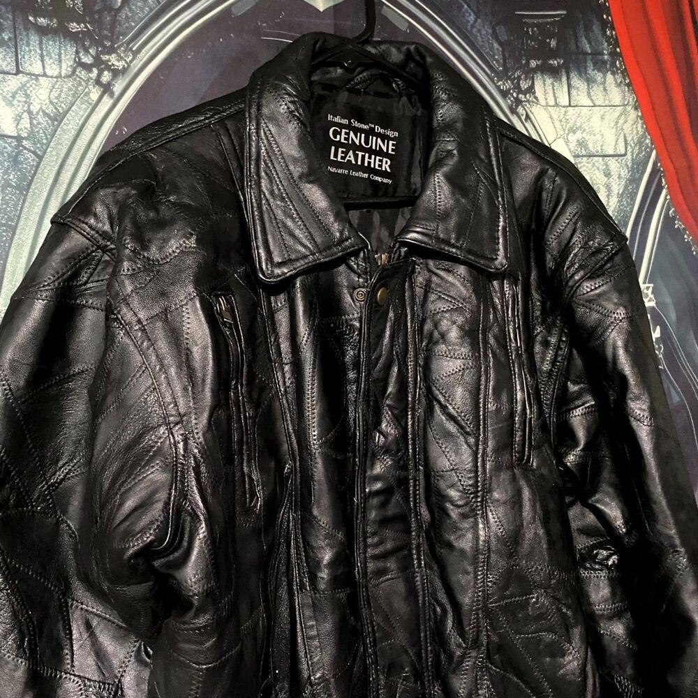 Giovanni Navarre Italian Stone Jacket Men's L Black Leather Outdoor Workwear - Picture 2 of 9
